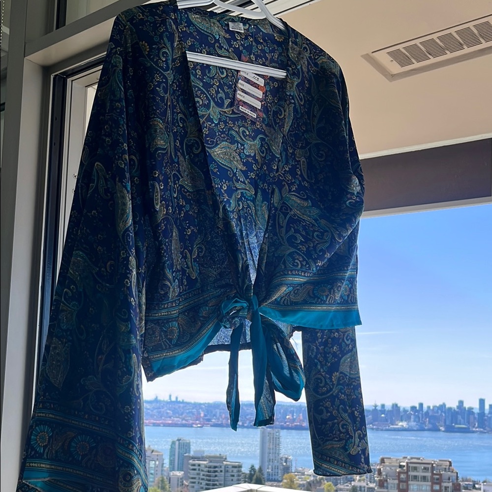 Blue 1/2 kimono style top with butterfly Sleeves